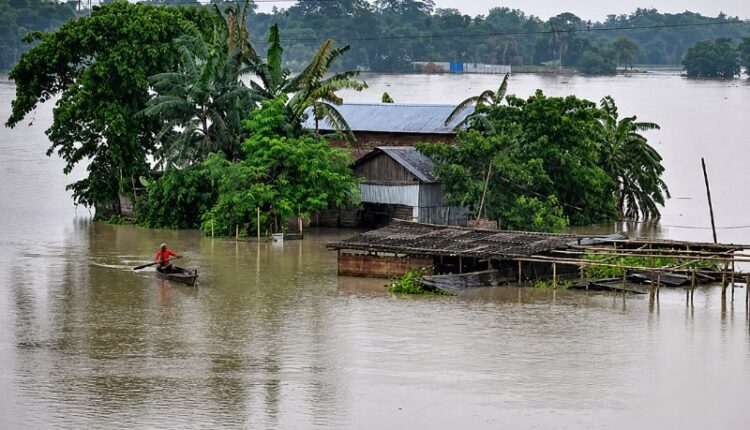 Flood-affected area in Assam with waterlogged houses and roads as relief operations continue across seven districts after floods affected 1.78 lakh people.